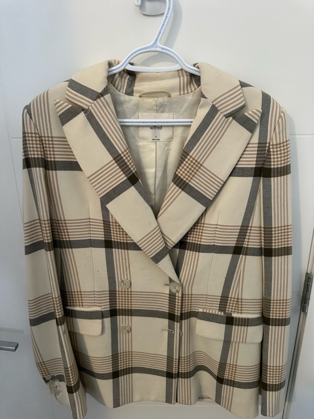 Wilfred Cream and Brown Plaid Double-Breasted Blazer